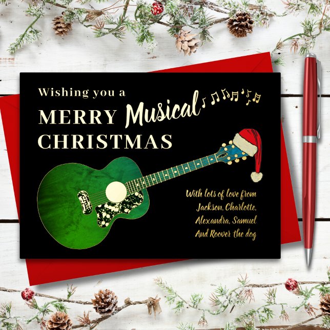 Personalized Christmas Guitar & Santa Hat Gold Foil Holiday Card (Christmas guitar wearing a Santa hat green and gold foil music themed custom holiday greetings card)