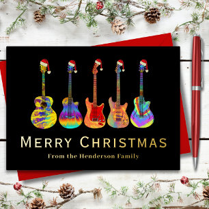 Personalized Christmas Guitars Gold Foil Holiday Card