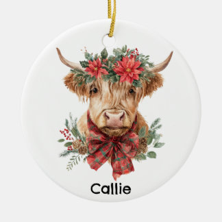 Personalized Christmas Highland Cow Ceramic Ornament
