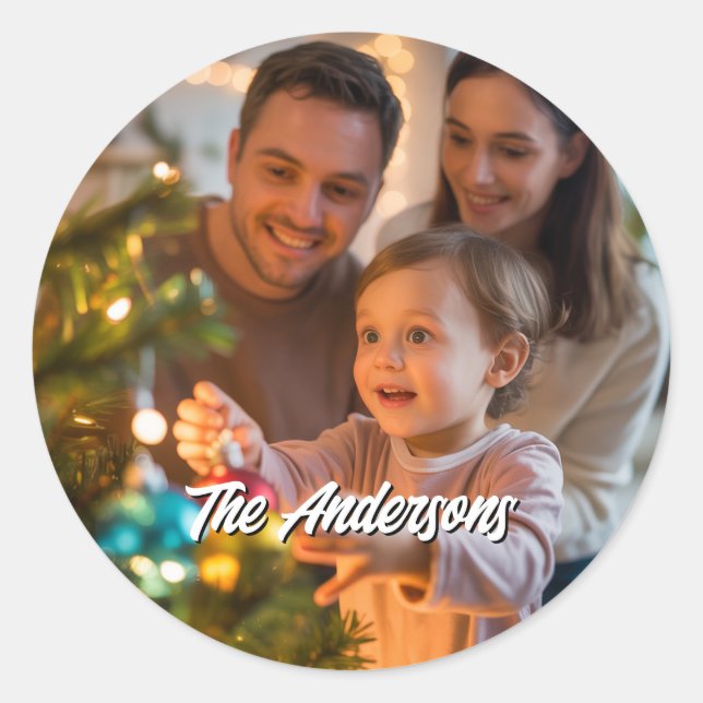 Personalized Christmas Holiday Custom Family Photo Classic Round Sticker (Front)