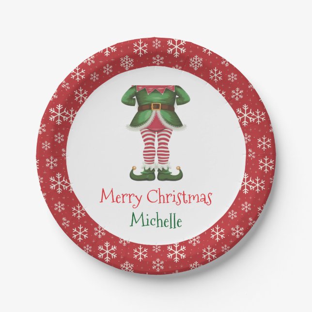 Personalized Christmas Holiday Elf Feet Snowflakes Paper Plates (Front)