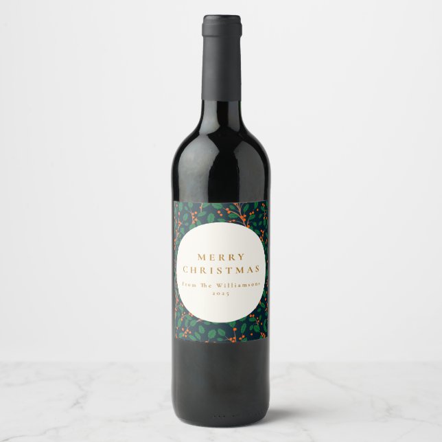 Personalized Christmas Holiday Festive Botanical Wine Label (Front)