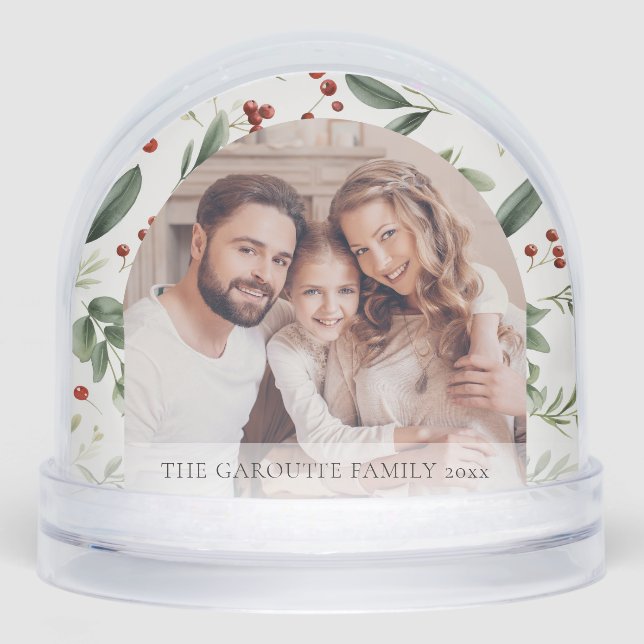 Personalized Christmas Holiday Greenery Photo Snow Globe (Front)