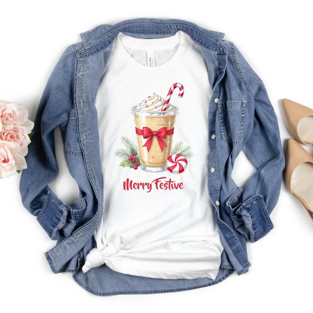 Personalized Christmas Holiday Iced Coffee Latte  T-Shirt (Christmas Holiday Iced Coffee Peppermint Latte Personalized T-shirt for her)