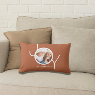 Personalized Christmas Holiday Joy Rust Photo Lumbar Pillow