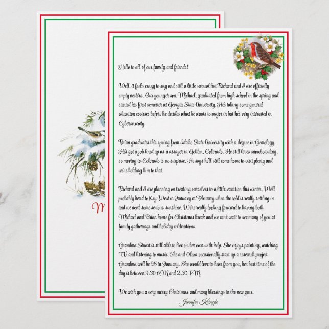 Personalized Christmas Holiday Newsletter Bird (Front/Back)