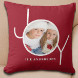 Personalized Christmas Holiday Red Photo Throw Pillow<br><div class="desc">This festive Christmas Photo Pillow is decorated with the word JOY in modern white typography on a burgundy red background. Makes a great keepsake gift.
Easily customizable with your photo and name.</div>