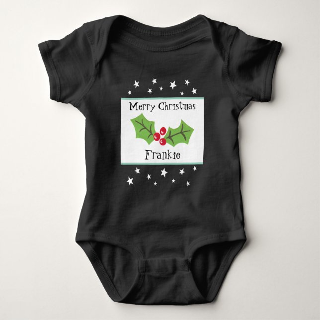 Personalized Christmas Holly & Berries Baby Bodysuit (Front)