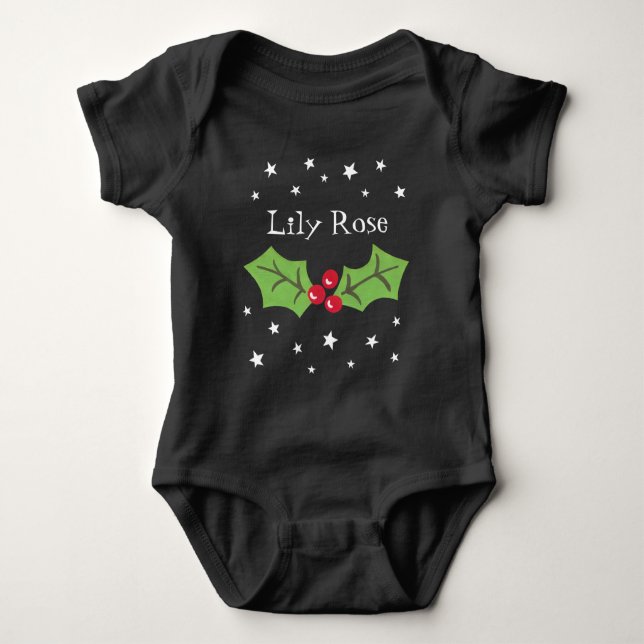 Personalized Christmas Holly & Berries Baby Bodysuit (Front)