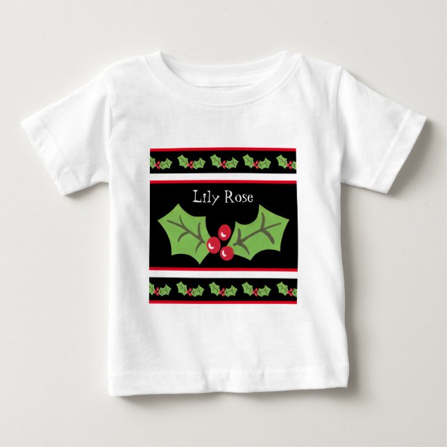 Personalized Christmas Holly & Berries Baby T-Shirt (Front)