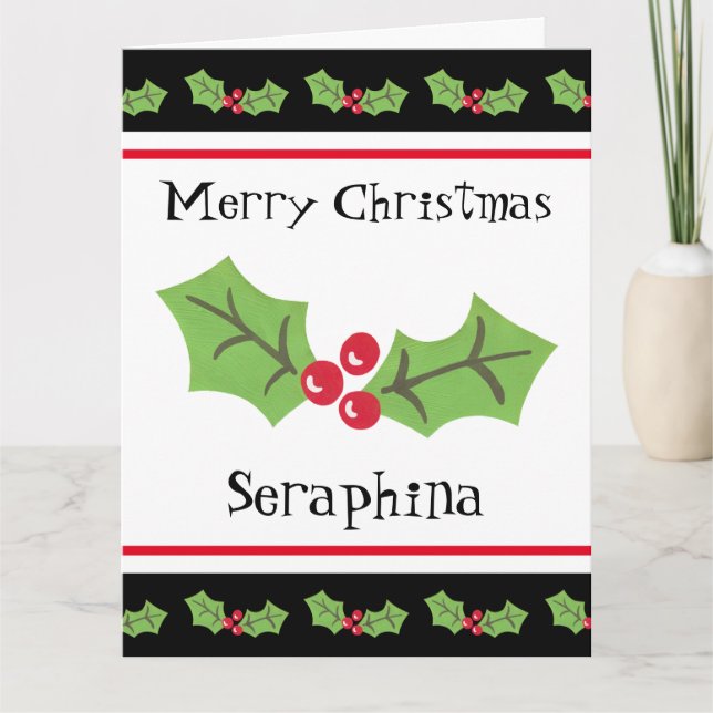 Personalized Christmas Holly & Berries Card (Front)