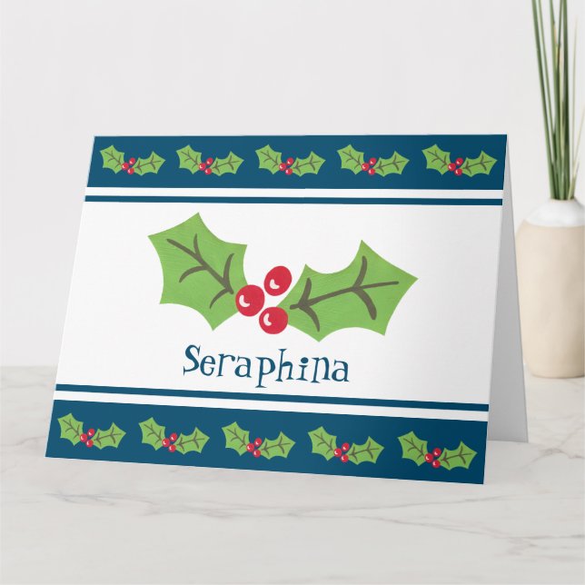 Personalized Christmas Holly & Berries Card (Front)