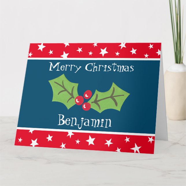 Personalized Christmas Holly & Berries Card (Front)