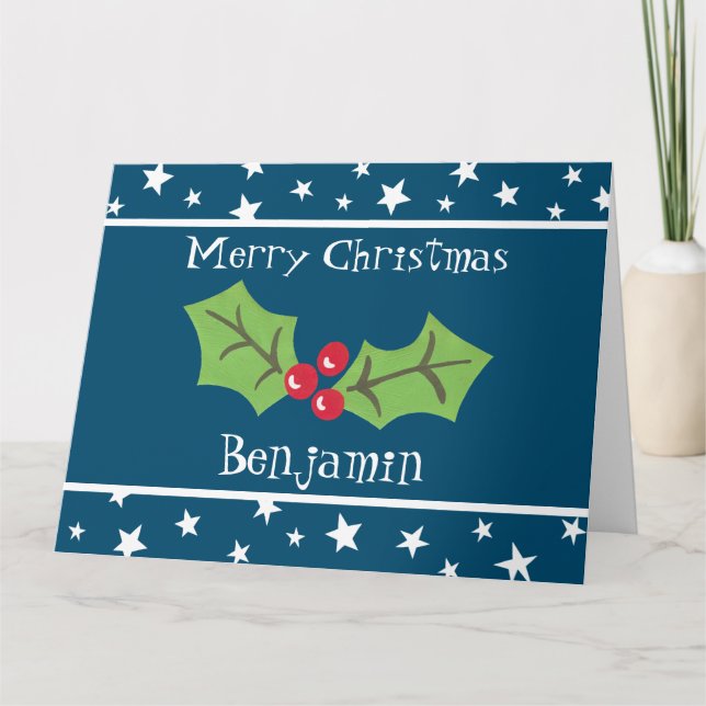 Personalized Christmas Holly & Berries Card (Front)