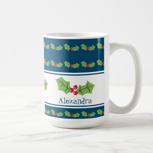 Personalized Christmas Holly & Berries Coffee Mug (Right)