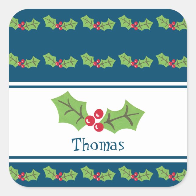 Personalized Christmas Holly & Berries Notebook Square Sticker (Front)