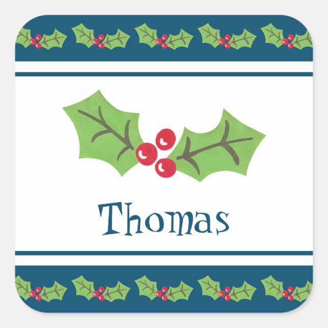 Personalized Christmas Holly & Berries Notebook Square Sticker (Front)