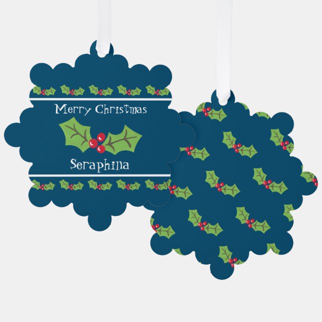 Personalized Christmas Holly & Berries Ornament Card (Front/Back)