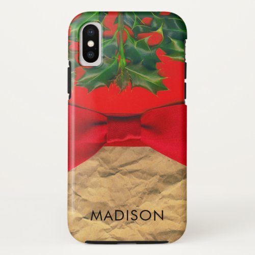 Personalized Christmas Holly Leaves and Red Bow iPhone X Case