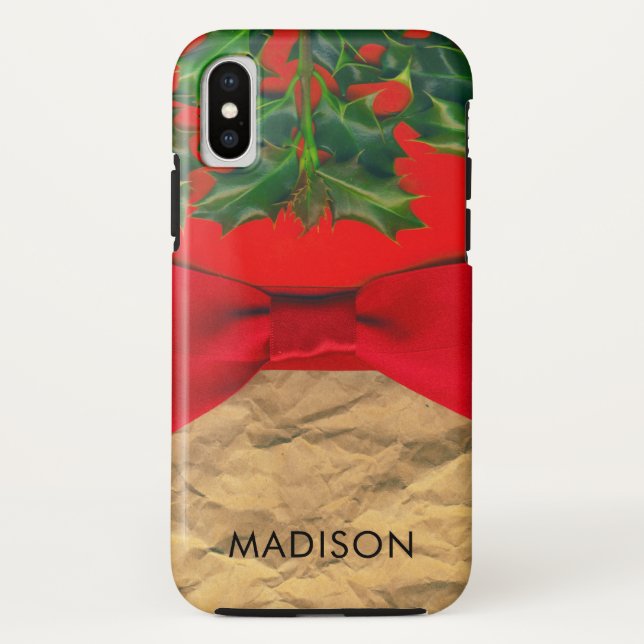 Personalized Christmas Holly Leaves and Red Bow Case-Mate iPhone Case (Back)