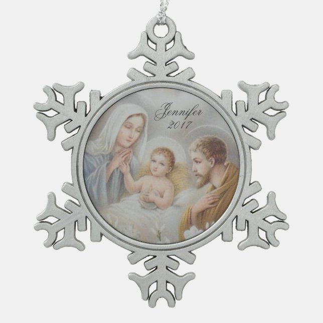 Personalized Christmas Holy Family Nativity Snowflake Pewter Christmas Ornament (Front)