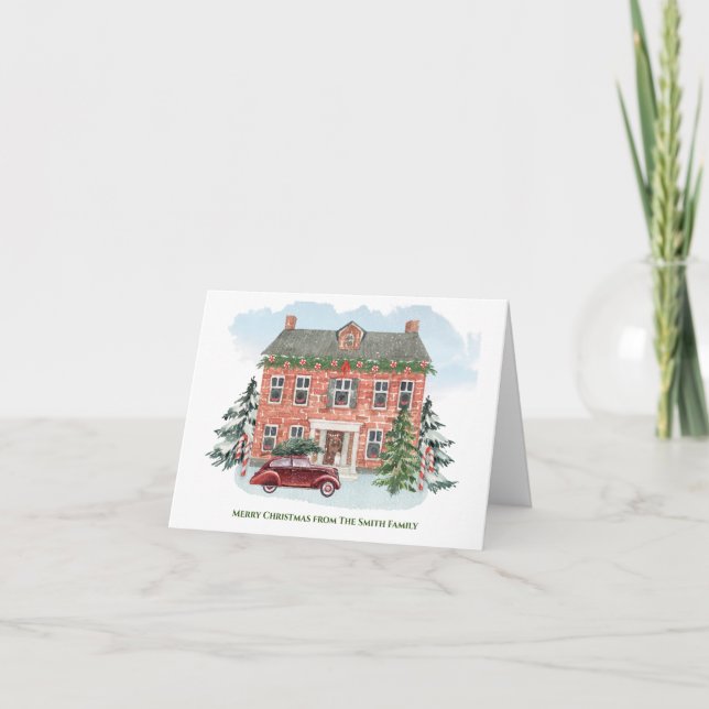 Personalized Christmas Home and Vintage Car  Holiday Card (Front)