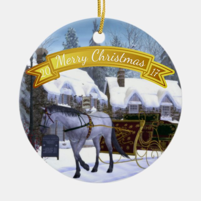 Personalized  Christmas Horse and Sleigh Ceramic Ornament (Front)