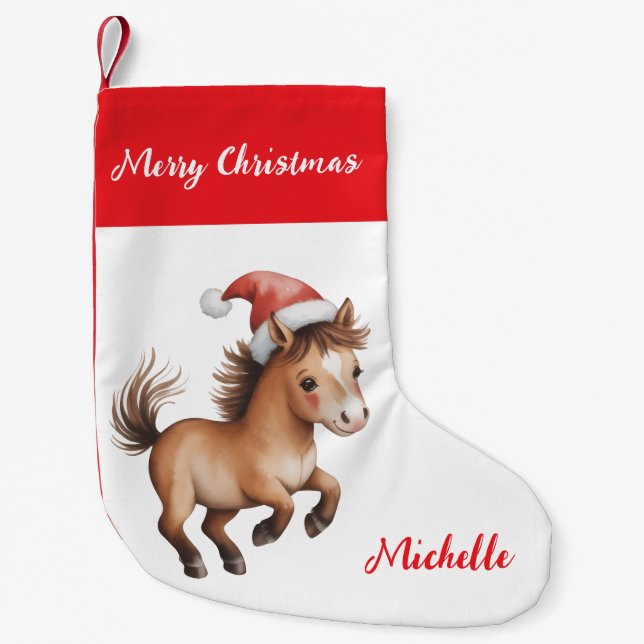 Personalized Christmas horse in Santa hat Small Christmas Stocking (Front)