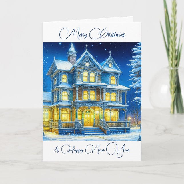 Personalized Christmas House on a Snowy Night   Card (Front)