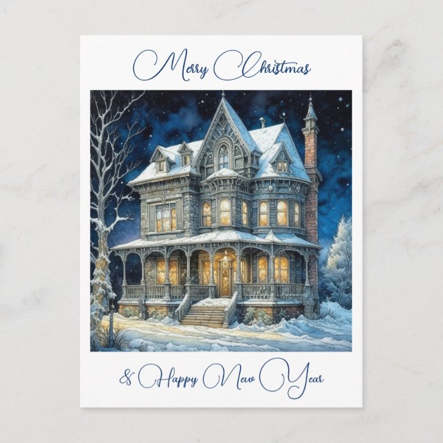 Personalized Christmas House on a Snowy Night   Postcard (Front)