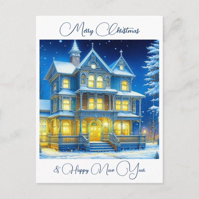 Personalized Christmas House on a Snowy Night   Postcard (Front)