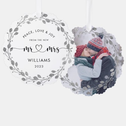 Personalized Christmas Husband Wife Wreath Photo Ornament Card