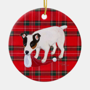 Personalized Christmas Jack Russell Terrier Tartan Ceramic Ornament