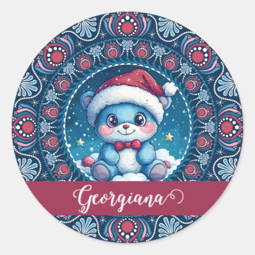 Personalized Christmas Kawaii Bear Dot Mandala Classic Round Sticker