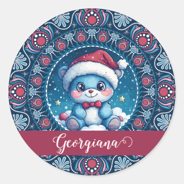 Personalized Christmas Kawaii Bear Dot Mandala Classic Round Sticker (Front)
