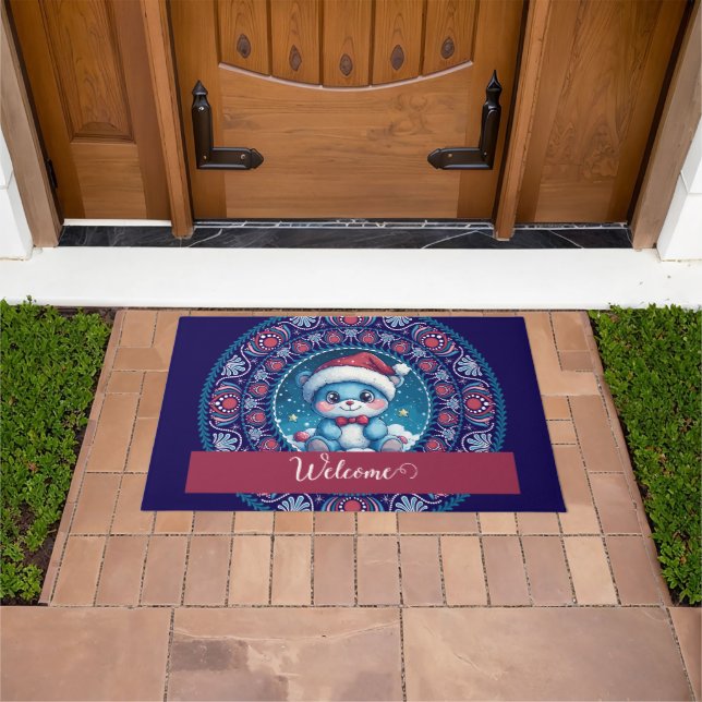 Personalized Christmas Kawaii Bear Dot Mandala Doormat (Outdoor)