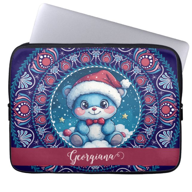 Personalized Christmas Kawaii Bear Dot Mandala Laptop Sleeve (Front)