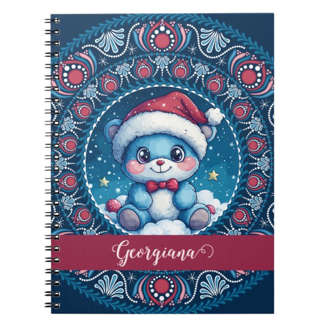 Personalized Christmas Kawaii Bear Dot Mandala Notebook (Front)