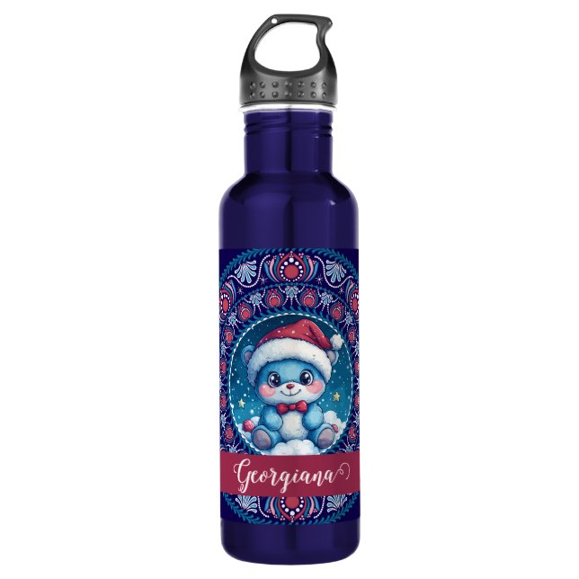 Personalized Christmas Kawaii Bear Dot Mandala Stainless Steel Water Bottle (Front)