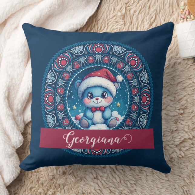 Personalized Christmas Kawaii Bear Dot Mandala Throw Pillow (Blanket)