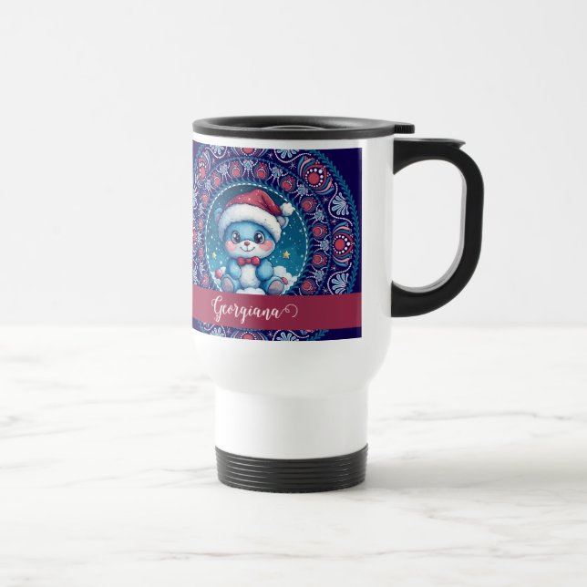Personalized Christmas Kawaii Bear Dot Mandala Travel Mug (Right)