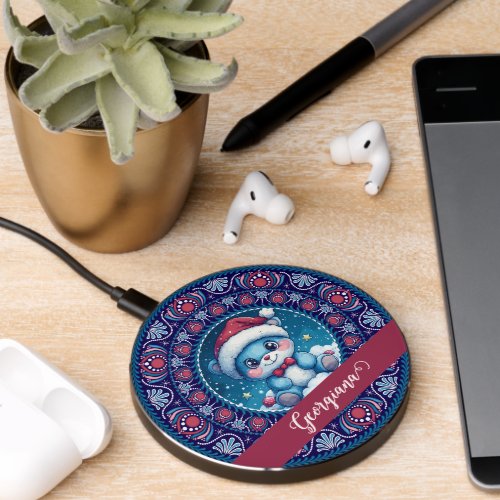 Personalized Christmas Kawaii Bear Dot Mandala Wireless Charger