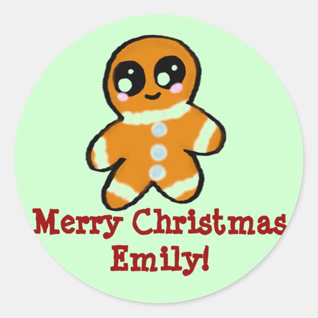 Personalized Christmas kawaii Gingerbread Man Classic Round Sticker (Front)