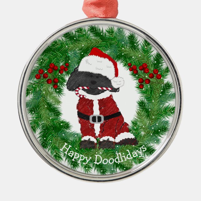 Personalized Christmas Labradoodle Santa Claus Metal Ornament (Front)