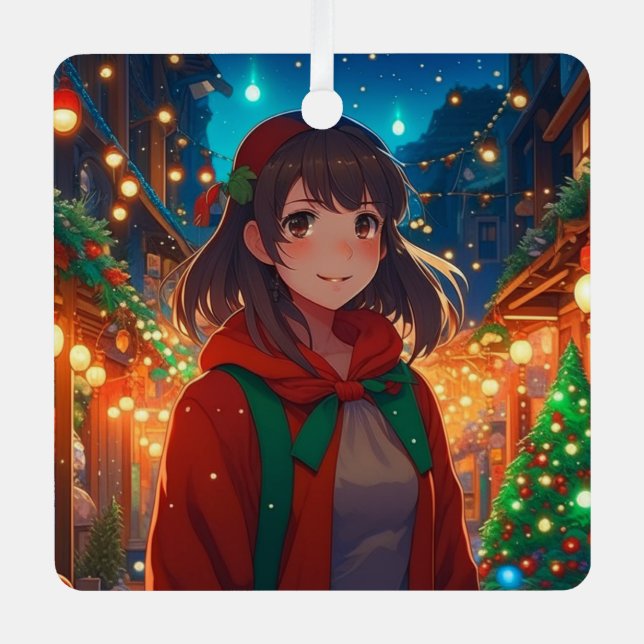 Personalized Christmas Lights Anime Girl Metal Ornament (Front)