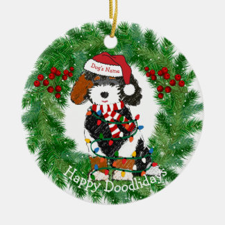 Personalized Christmas Lights Bernedoodle Ceramic Ornament