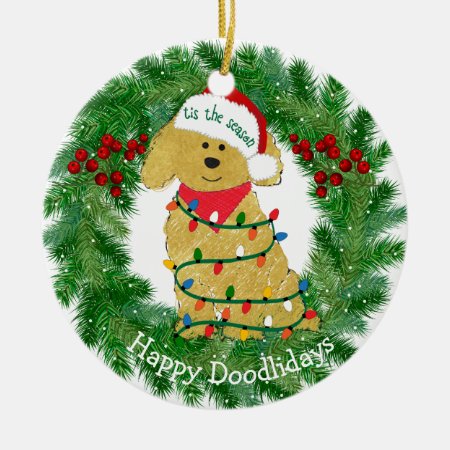 Personalized Christmas Lights Goldendoodle Ceramic Ornament