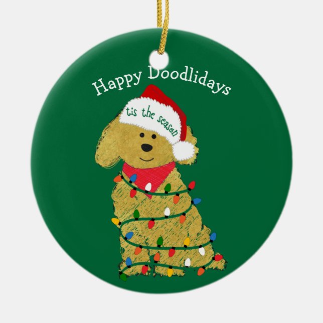 Personalized Christmas Lights Goldendoodle Green Ceramic Ornament (Front)