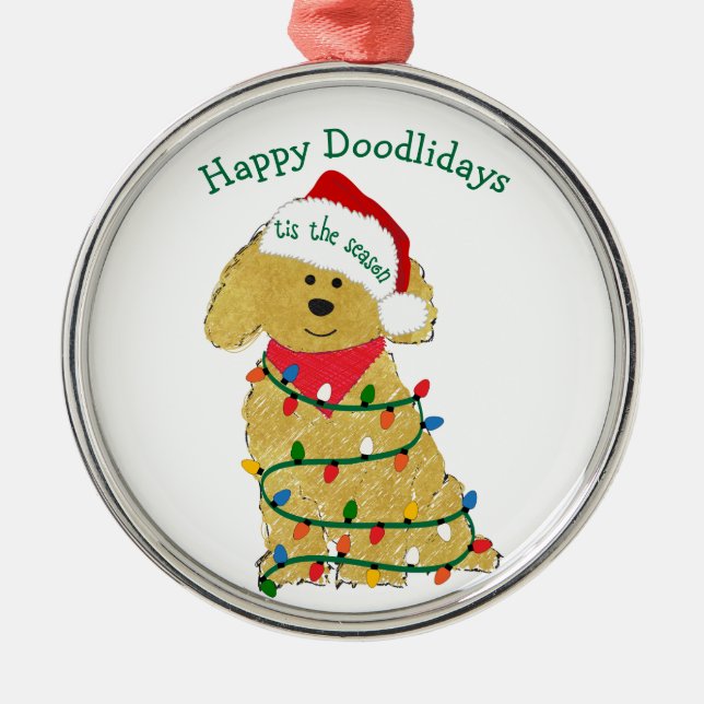 Personalized Christmas Lights Goldendoodle Metal Ornament (Front)