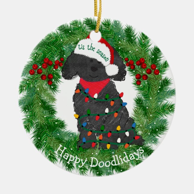 Personalized Christmas Lights Labradoodle Ceramic Ornament (Front)